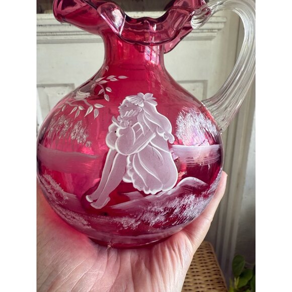 Vintage 90's Fenton Cranberry Ruffle Pitcher Mary Gregory Little Girl - Picture 8 of 11